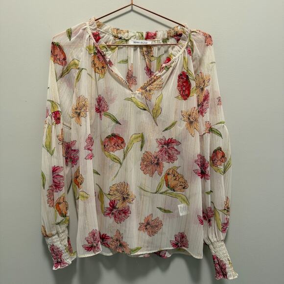 Rose & Olive Womens Top Large Floral Long Sleeve Fairy Peasant Sheer Romantic - Picture 2 of 7